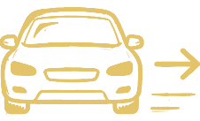 A car pulling away, drawn in gold line art