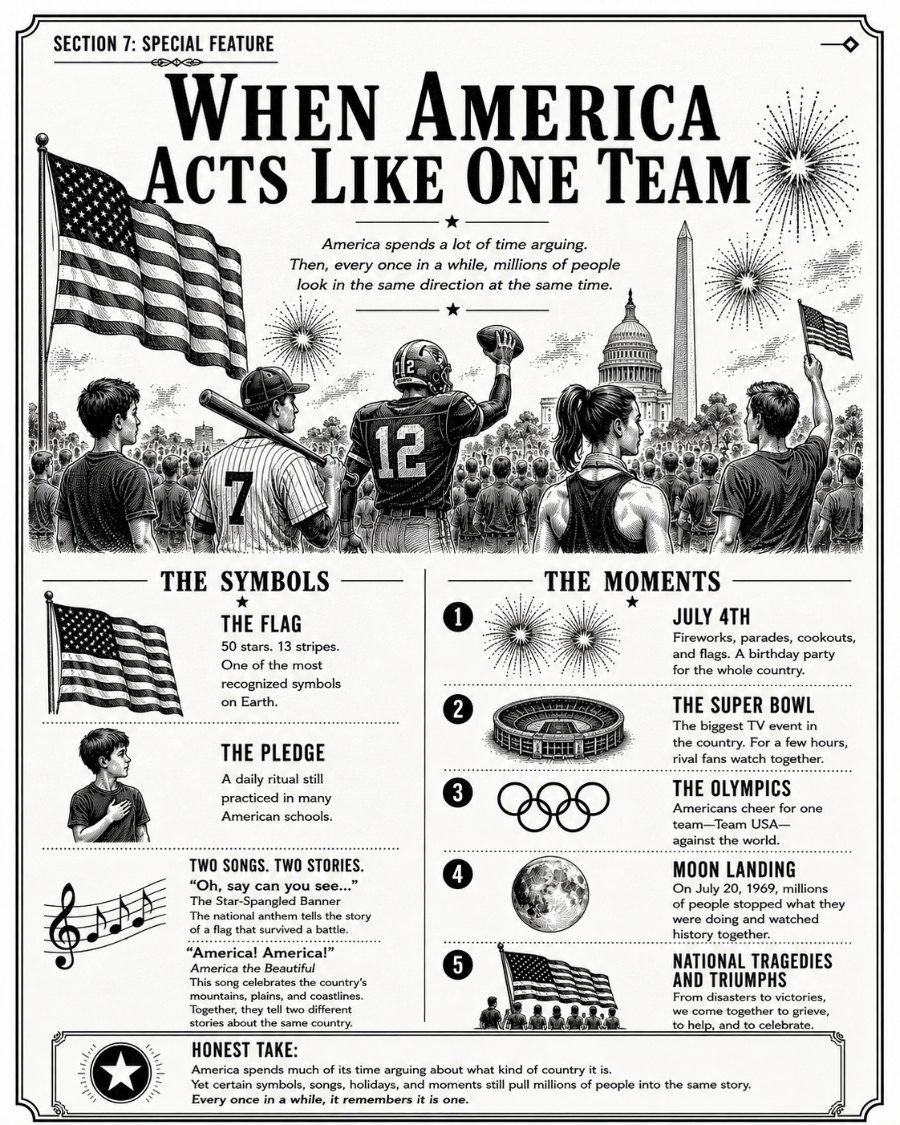 Section 7 special feature: When America Acts Like One Team. An illustrated spread on flags, the pledge, anthems, and shared moments from July 4th to the moon landing.