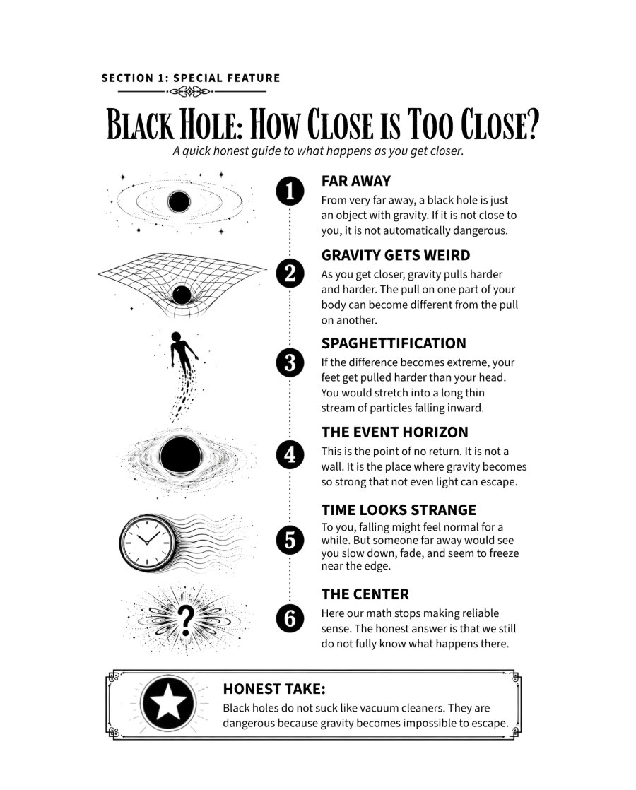 Section 1 special feature: Black Hole, How Close is Too Close? A six-step illustrated guide from far away, through spaghettification and the event horizon, to the centre.