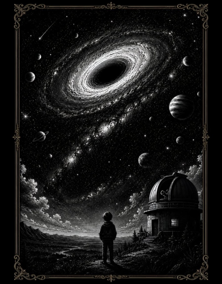 Chapter 1: Space. A boy stands on a hillside beside an observatory, looking up at a spiral galaxy, planets, and a star-filled sky.