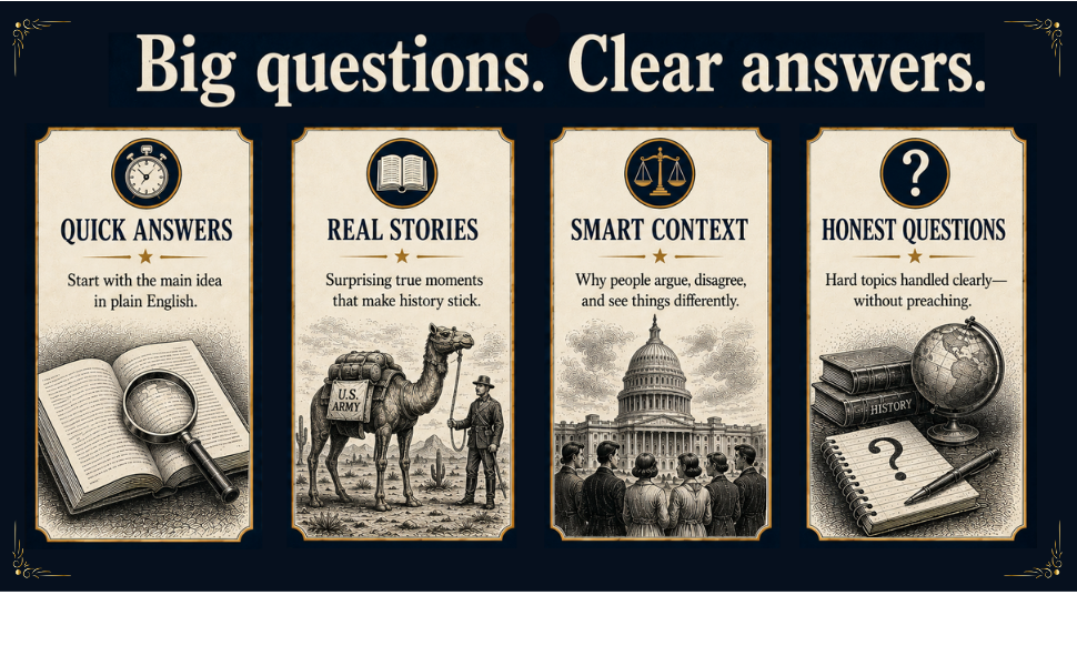 Big questions, clear answers: quick answers start with the main idea in plain English; real stories are surprising true moments that make history stick; smart context explains why people argue and see things differently; honest questions handle hard topics clearly, without preaching.