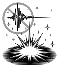 A sound wave inside a crossed-out circle above a silent explosion.