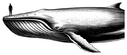 An engraving of a blue whale with a person standing on its back for scale.