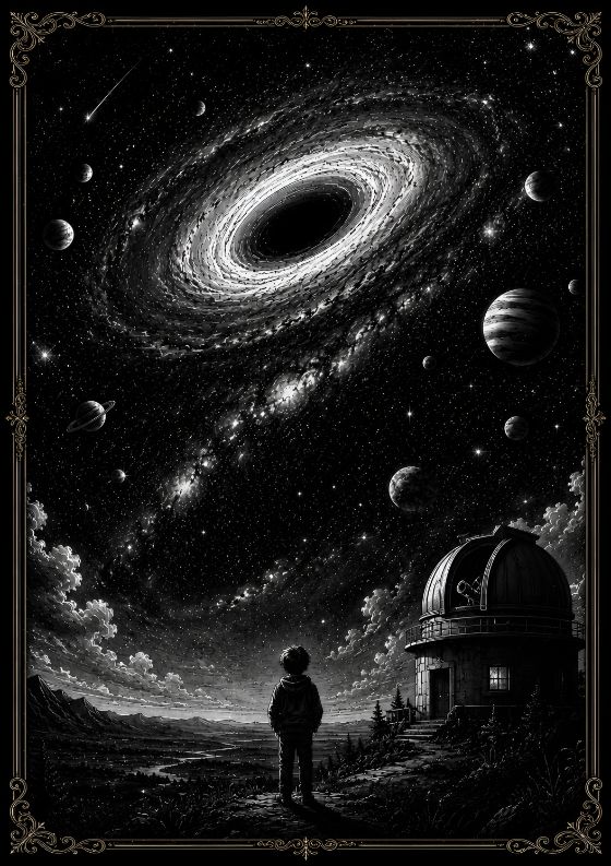 A boy watching a spiral galaxy from a hillside beside an observatory