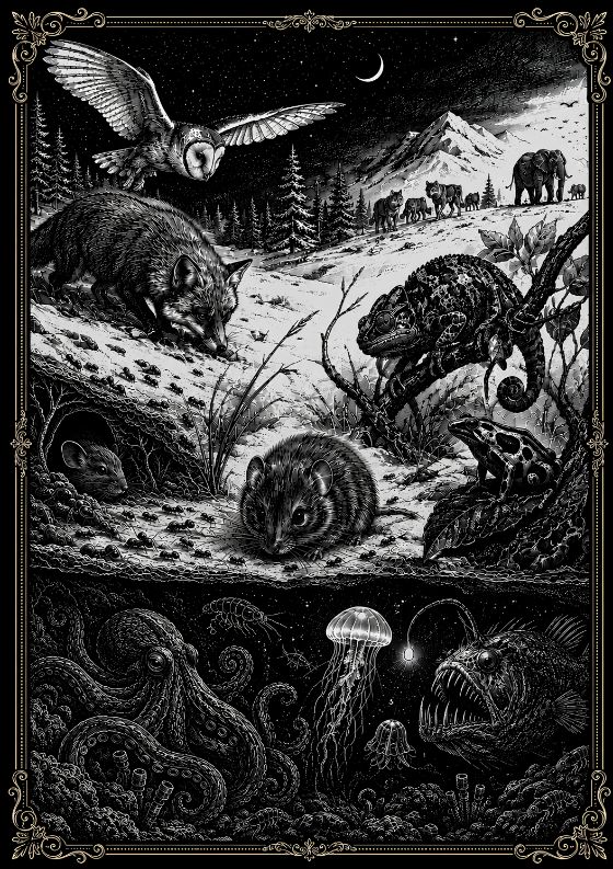 Owl, fox, chameleon and deep-sea creatures in a moonlit landscape