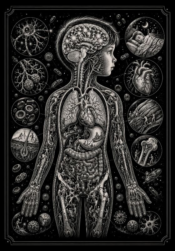 An anatomical figure with tiny workers exploring the organs and bones