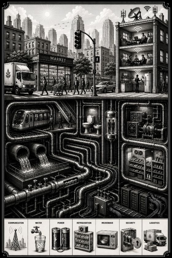 A city street cut away to reveal the pipes, cables and systems underneath