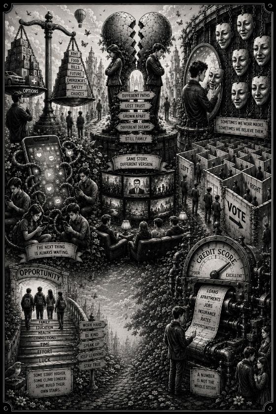 Scales, masks, signposts and a credit-score machine in a crowded allegory