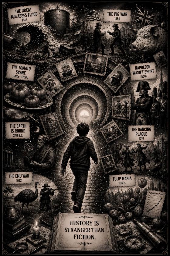 A boy walking into a tunnel of strange historical episodes
