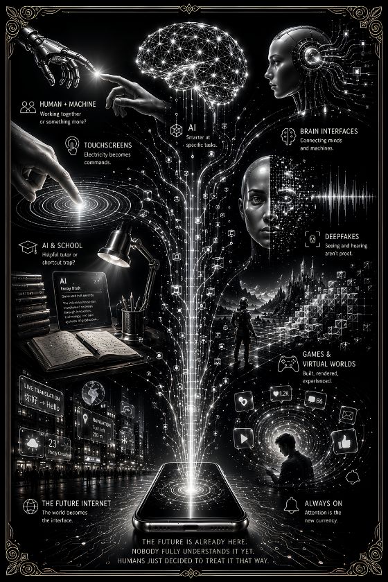 Light streaming from a phone into a network of AI, brain interfaces and virtual worlds