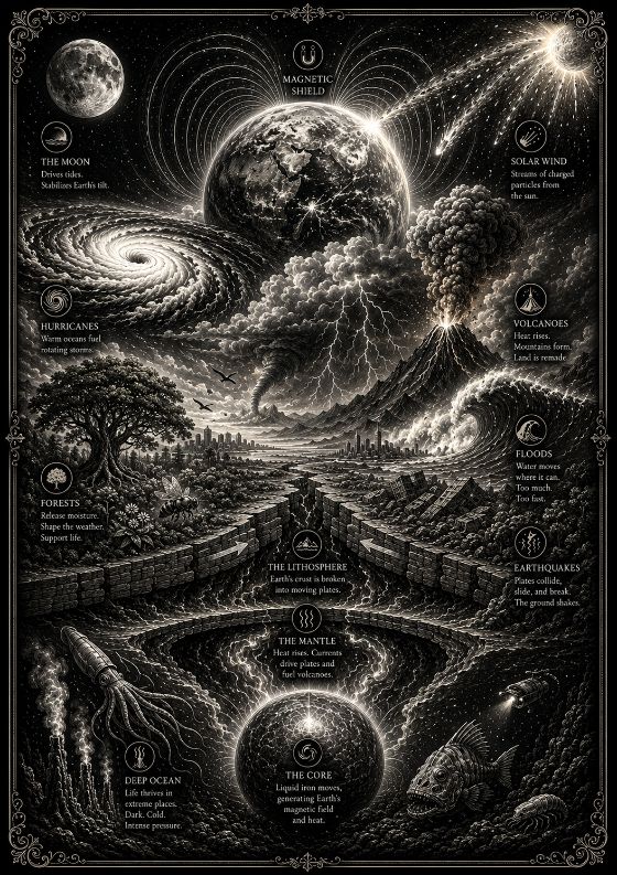 Earth above a landscape of hurricanes, volcanoes, earthquakes and the deep ocean