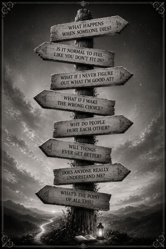A wooden signpost of questions such as what happens when someone dies