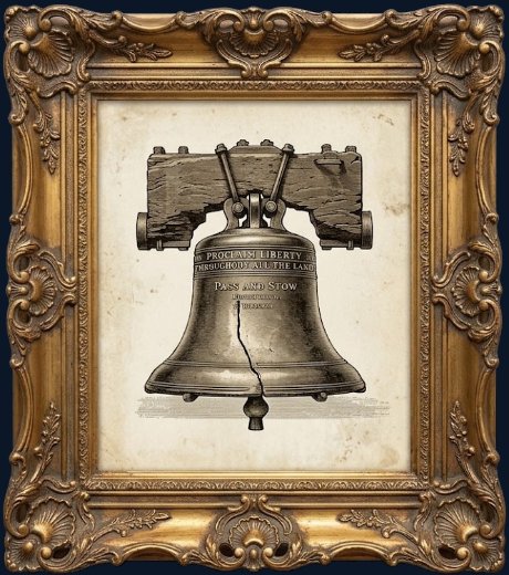 The Founding — the Liberty Bell. A framed vintage engraving from America 250: What Makes America America by Billie Alexander.