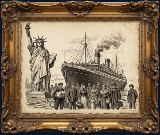 Everybody Came From Somewhere Else — the Statue of Liberty and an immigrant steamship with newly arrived families. A framed vintage engraving from America 250: What Makes America America by Billie Alexander.