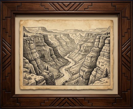 The Land — a Grand Canyon river gorge. A framed vintage engraving from America 250: What Makes America America by Billie Alexander.