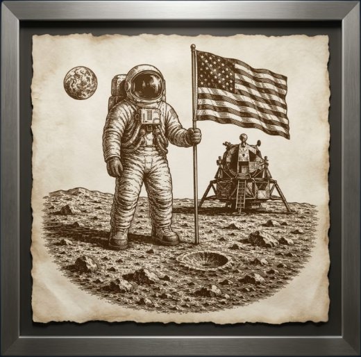 It Sounds Fake. — an astronaut and lunar lander on the moon. A framed vintage engraving from America 250: What Makes America America by Billie Alexander.