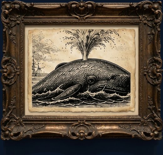Weird True American History — a breaching whale spouting water. A framed vintage engraving from America 250: What Makes America America by Billie Alexander.