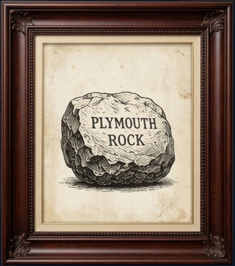 Stuff Adults Get Wrong — Plymouth Rock. A framed vintage engraving from America 250: What Makes America America by Billie Alexander.