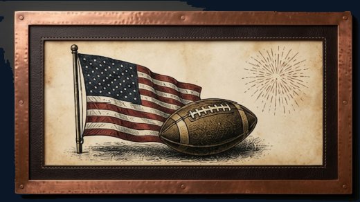 Very American Things — an American flag beside a football. A framed vintage engraving from America 250: What Makes America America by Billie Alexander.