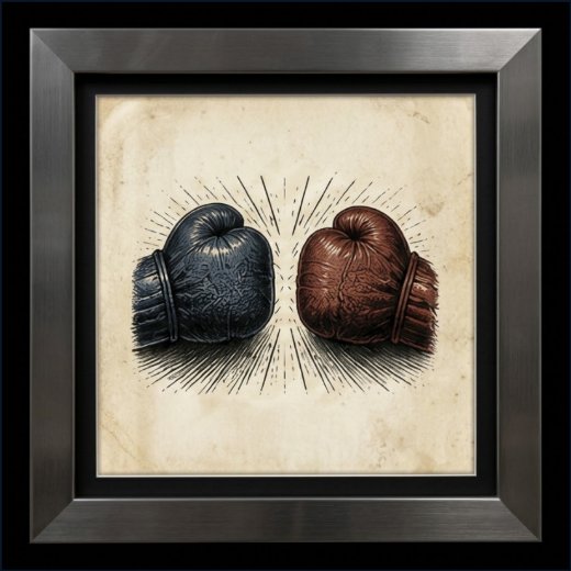 Division — two boxing gloves squaring off. A framed vintage engraving from America 250: What Makes America America by Billie Alexander.