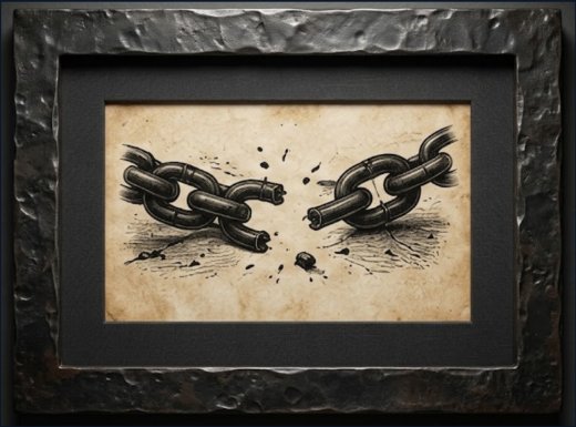 The Parts That Don’t Make the Fireworks — a broken chain. A framed vintage engraving from America 250: What Makes America America by Billie Alexander.