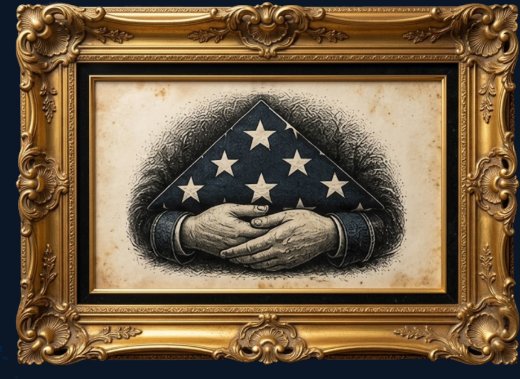 War — a folded American flag held in weathered hands. A framed vintage engraving from America 250: What Makes America America by Billie Alexander.