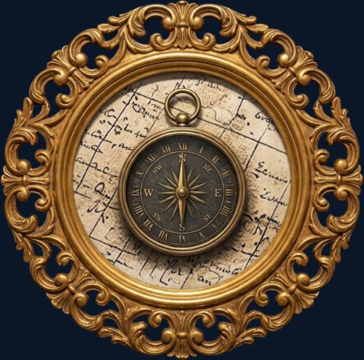 Big Questions About the Country — an antique compass resting on a map. A framed vintage engraving from America 250: What Makes America America by Billie Alexander.