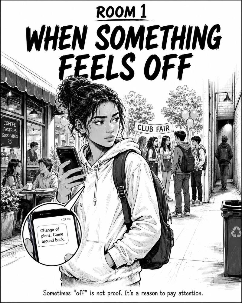 Room 1 opener, When Something Feels Off — a full-page illustration from Street-Smarts for Teens