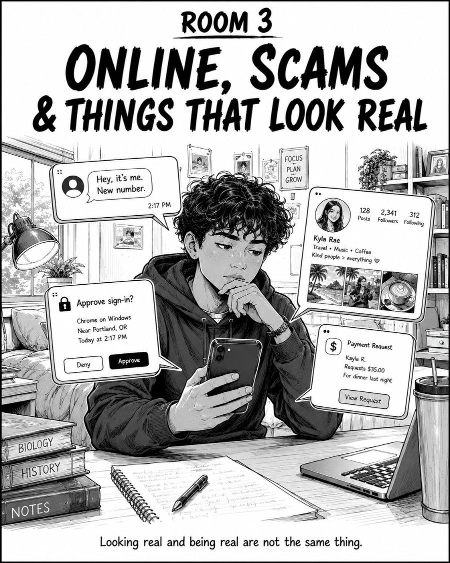 Room 3 opener, Online, Scams and Things That Look Real — a full-page illustration from Street-Smarts for Teens