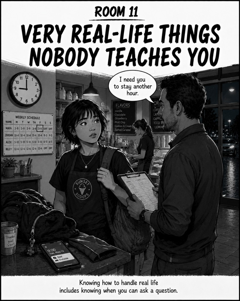 Room 11 opener, Very Real-Life Things Nobody Teaches You — a full-page illustration from Street-Smarts for Teens