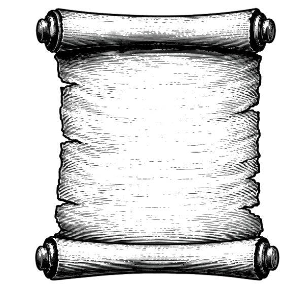 An engraving of an unrolled scroll — the Declaration of Independence.