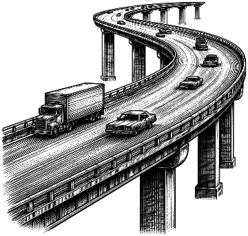 An engraving of a curving elevated interstate highway with trucks and cars, raised on concrete pillars.