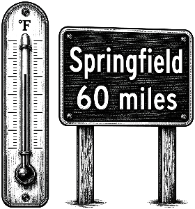 An engraving of a Fahrenheit thermometer beside a road sign reading Springfield 60 miles.