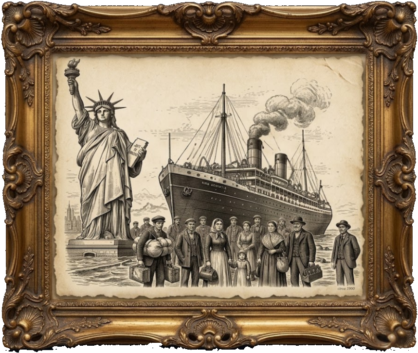 Everybody Came From Somewhere Else — the Statue of Liberty and an immigrant steamship with newly arrived families. A framed vintage engraving from America 250: What Makes America America by Billie Alexander.