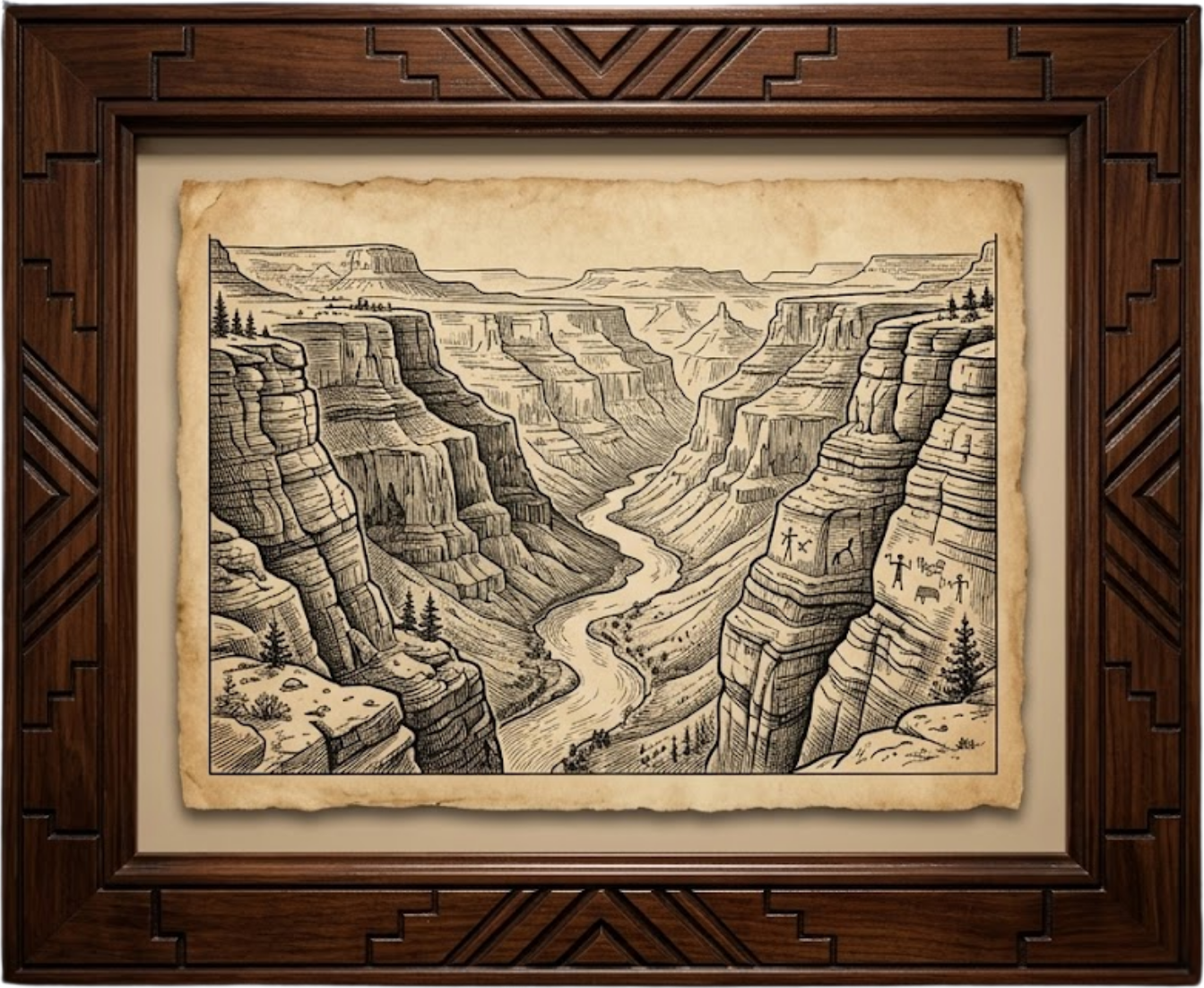 The Land — a Grand Canyon river gorge. A framed vintage engraving from America 250: What Makes America America by Billie Alexander.