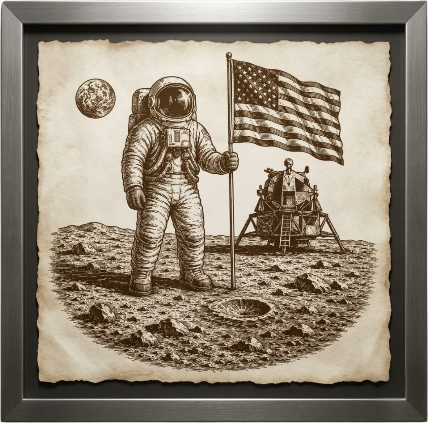 It Sounds Fake. — an astronaut and lunar lander on the moon. A framed vintage engraving from America 250: What Makes America America by Billie Alexander.