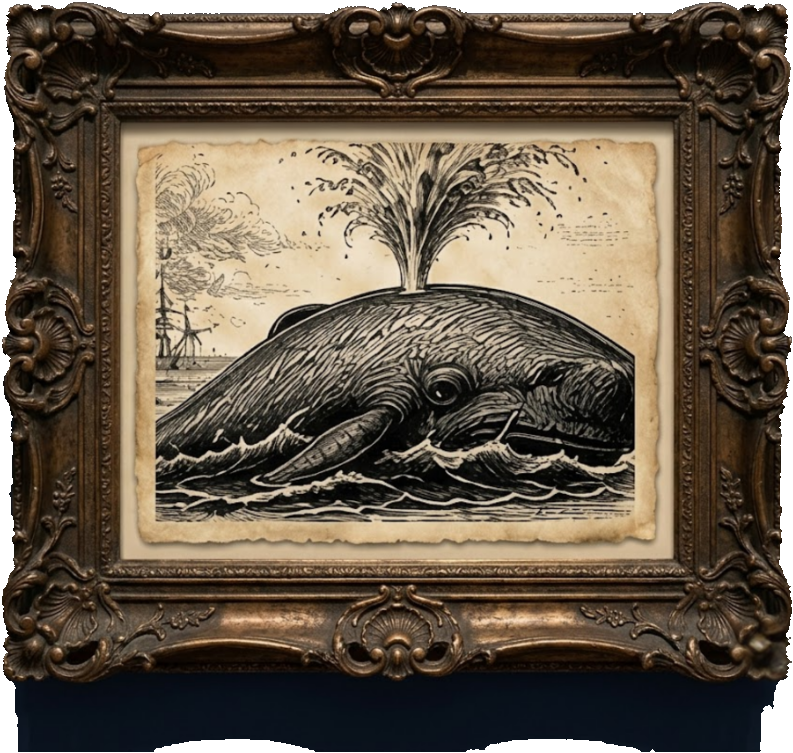 Weird True American History — a breaching whale spouting water. A framed vintage engraving from America 250: What Makes America America by Billie Alexander.