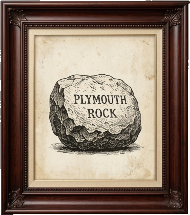 Stuff Adults Get Wrong — Plymouth Rock. A framed vintage engraving from America 250: What Makes America America by Billie Alexander.