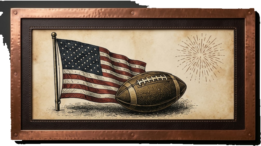 Very American Things — an American flag beside a football. A framed vintage engraving from America 250: What Makes America America by Billie Alexander.