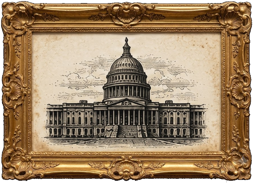 Power — the United States Capitol. A framed vintage engraving from America 250: What Makes America America by Billie Alexander.
