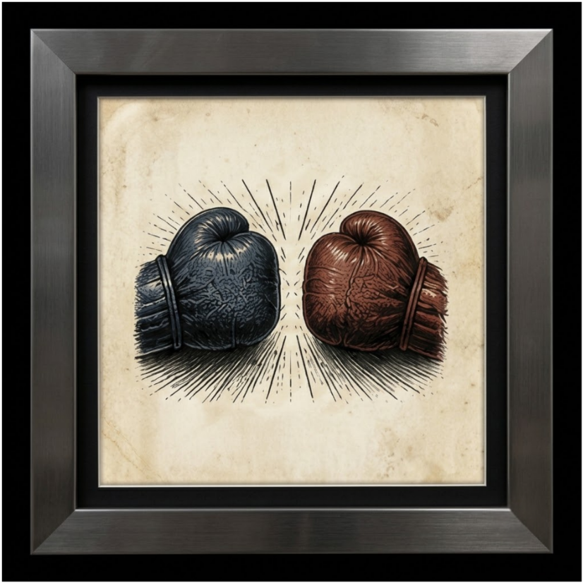 Division — two boxing gloves squaring off. A framed vintage engraving from America 250: What Makes America America by Billie Alexander.