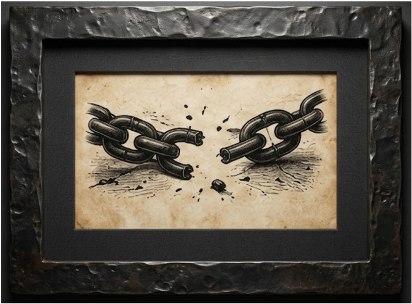 The Parts That Don’t Make the Fireworks — a broken chain. A framed vintage engraving from America 250: What Makes America America by Billie Alexander.