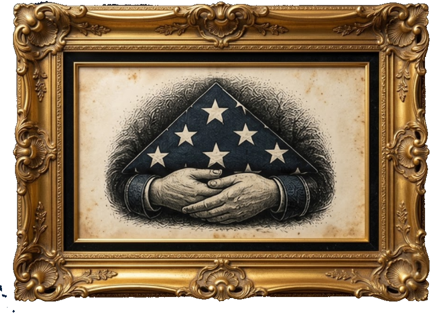 War — a folded American flag held in weathered hands. A framed vintage engraving from America 250: What Makes America America by Billie Alexander.