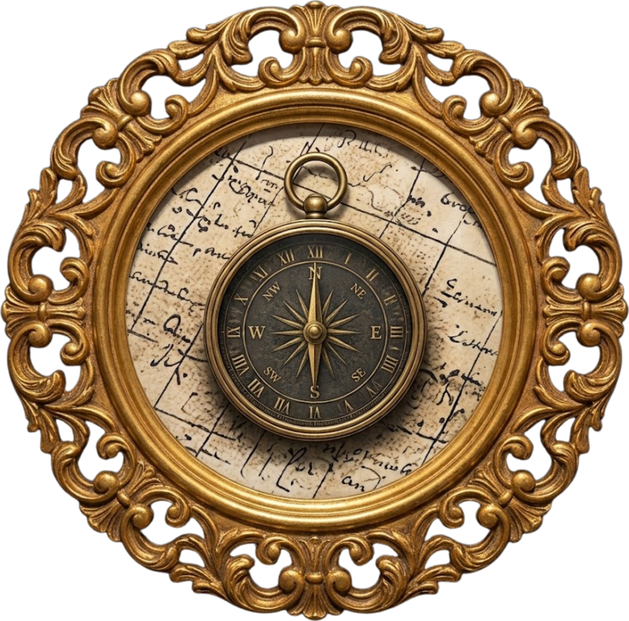 Big Questions About the Country — an antique compass resting on a map. A framed vintage engraving from America 250: What Makes America America by Billie Alexander.
